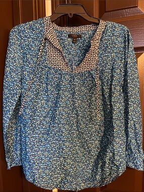 J. Crew Blue Patterned V-Neck Peasant Blouse